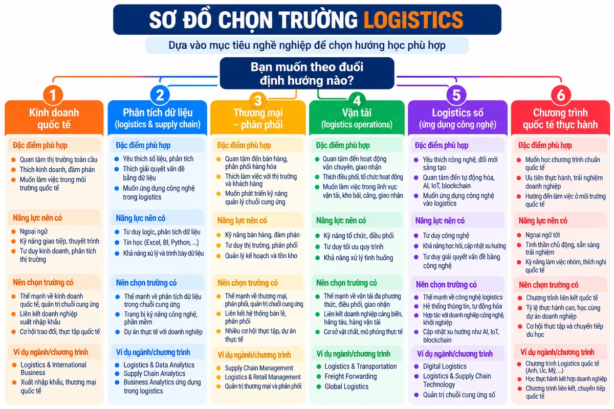 Sơ đồ chọn trường Logistics theo mục tiêu nghề nghiệp không sử dụng ảnh minh họa học sinh chọn hướng học Logistics theo 6 mục tiêu gồm kinh doanh quốc tế, phân tích dữ liệu, thương mại – phân phối, vận tải, logistics số và chương trình quốc tế thực hành.