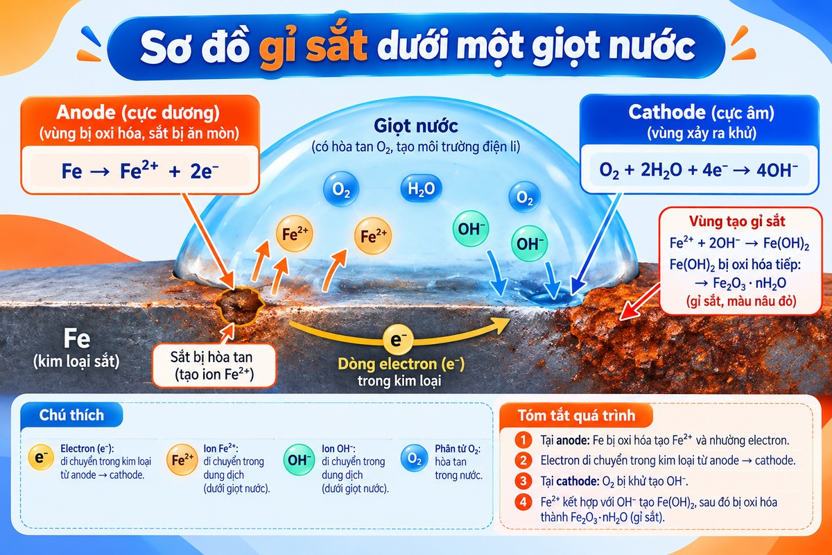 Sơ đồ gỉ sắt dưới giọt nước với anode, cathode, dòng electron và ion Fe²⁺, OH⁻ minh họa cơ chế ăn mòn điện hóa của sắt dưới giọt nước, phân biệt rõ vùng anode, cathode, electron và ion.