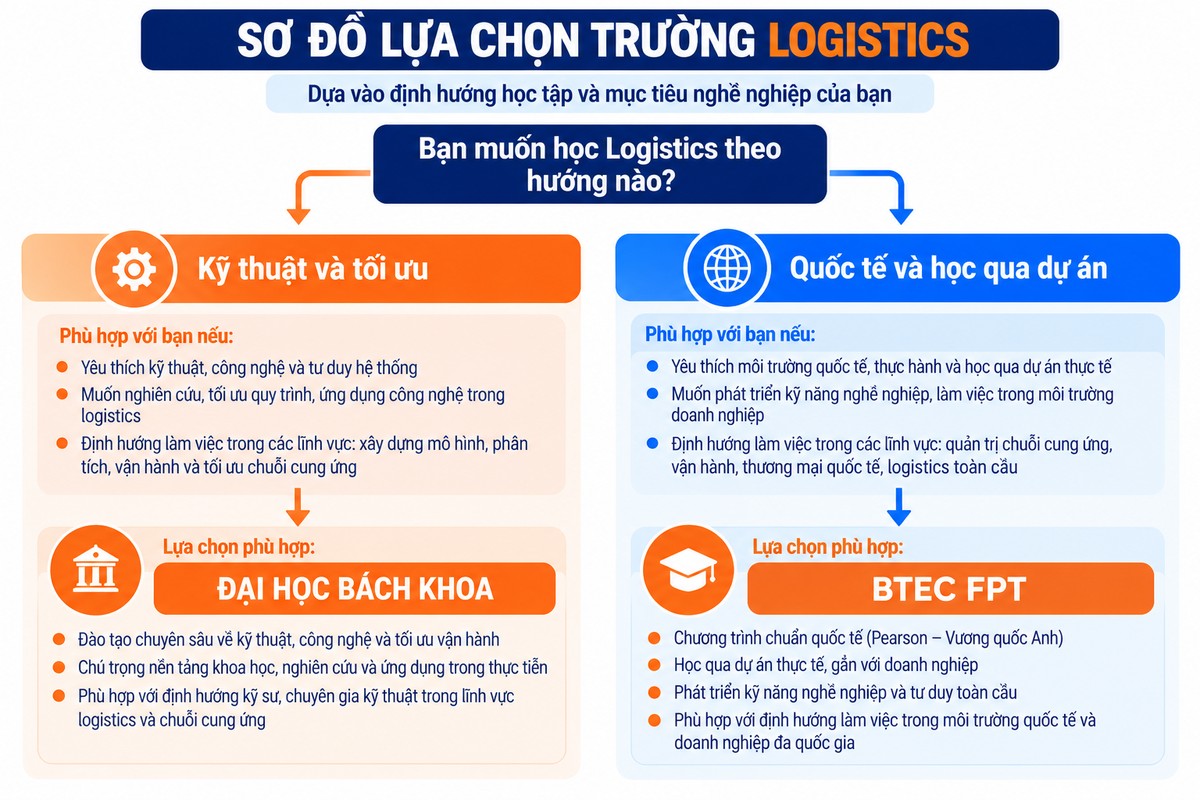 Sơ đồ lựa chọn trường Logistics giữa hướng kỹ thuật tối ưu tại Đại học Bách khoa và hướng quốc tế học qua dự án tại BTEC FPT so sánh hai hướng chọn trường Logistics theo định hướng học tập: kỹ thuật và tối ưu hoặc quốc tế và học qua dự án.