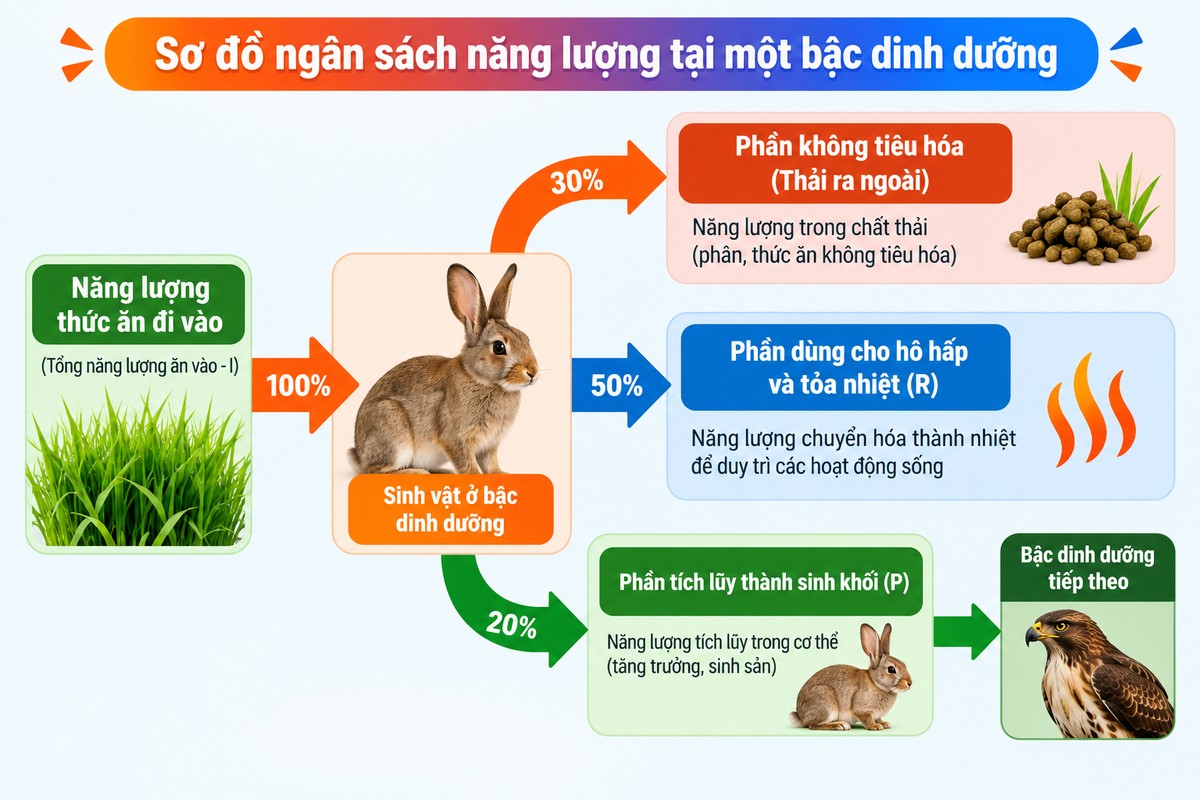 Sơ đồ ngân sách năng lượng tại một bậc dinh dưỡng gồm phần không tiêu hóa, hô hấp tỏa nhiệt và sinh khối minh họa cách năng lượng thức ăn được phân chia tại một bậc dinh dưỡng và phần sinh khối được truyền lên bậc dinh dưỡng tiếp theo.