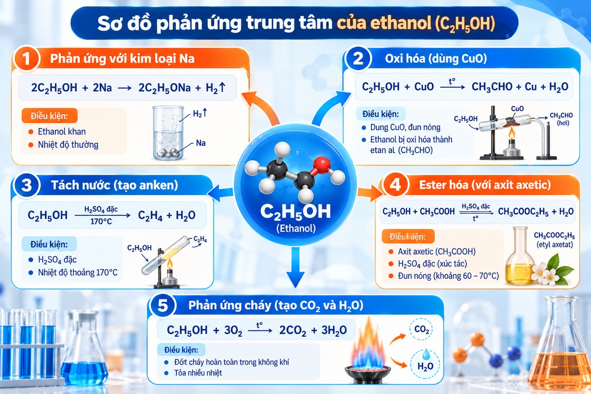 Sơ đồ phản ứng trung tâm của ethanol C₂H₅OH với Na, CuO, phản ứng tách nước, este hóa và phản ứng cháy Tổng hợp năm phản ứng quan trọng của ethanol gồm phản ứng với Na, oxi hóa bằng CuO, tách nước, este hóa và phản ứng cháy.