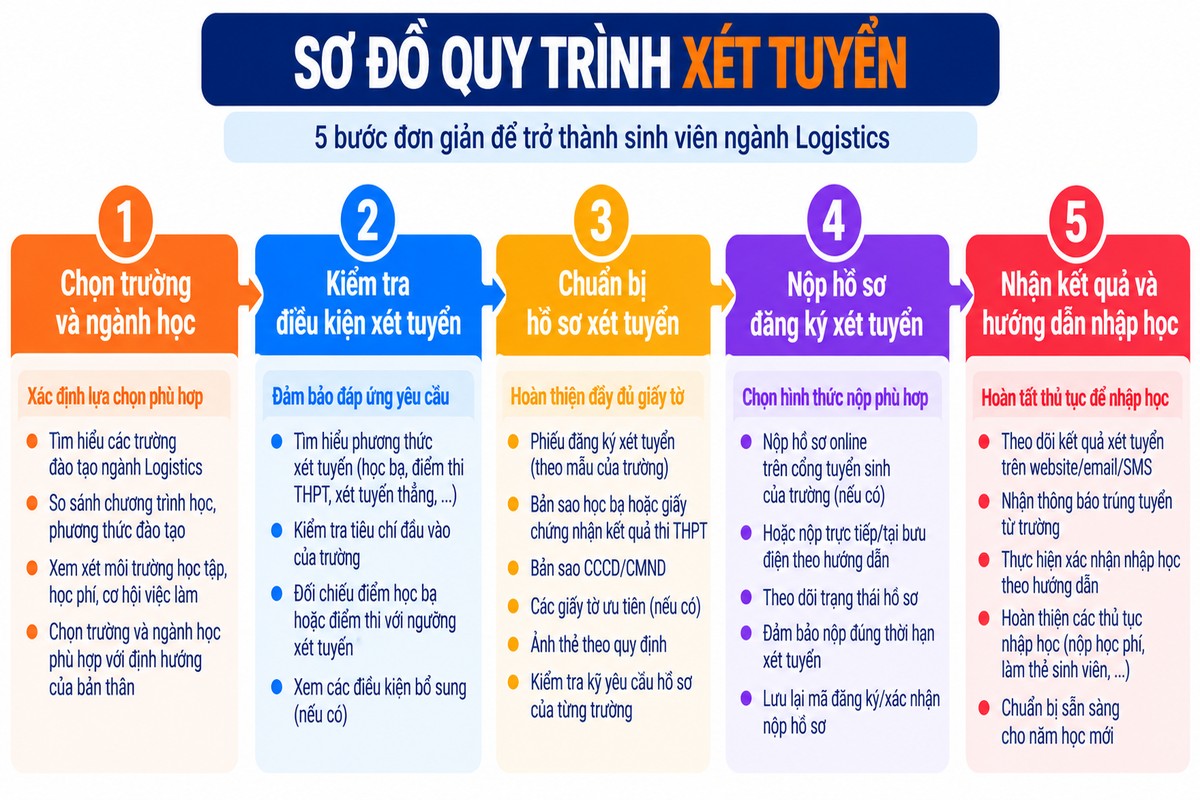 Sơ đồ quy trình xét tuyển 5 bước từ chọn trường đến nhận hướng dẫn nhập học hướng dẫn quy trình xét tuyển gồm chọn trường, kiểm tra điều kiện, chuẩn bị hồ sơ, nộp đăng ký và nhận hướng dẫn nhập học.