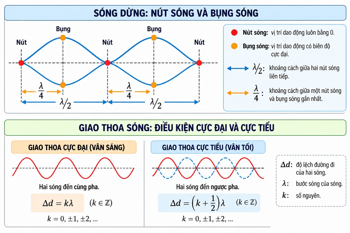Sơ đồ sóng dừng với nút sóng, bụng sóng, khoảng cách λ/2, λ/4 và điều kiện giao thoa cực đại cực tiểu minh họa nút sóng, bụng sóng, bước sóng và điều kiện giao thoa cực đại – cực tiểu.