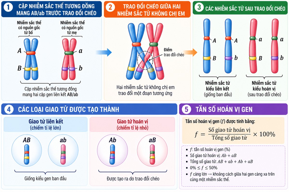 Sơ đồ trao đổi chéo giữa cặp nhiễm sắc thể AB/ab tạo giao tử liên kết AB, ab và giao tử hoán vị Ab, aB minh họa trao đổi chéo giữa các nhiễm sắc tử không chị em, tạo giao tử liên kết và giao tử hoán vị, kèm công thức tính tần số hoán vị gen.