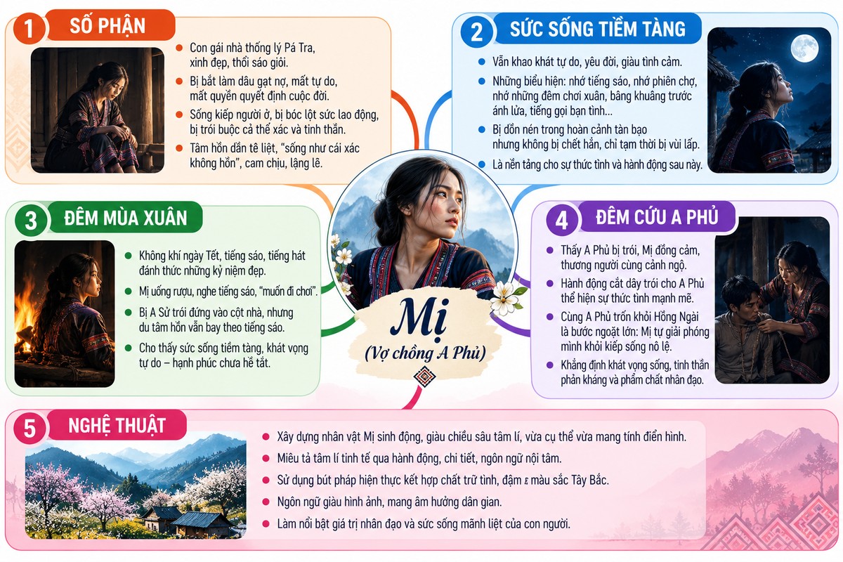Sơ đồ tư duy nhân vật Mị trong Vợ chồng A Phủ gồm số phận, sức sống tiềm tàng, đêm mùa xuân, đêm cứu A Phủ và nghệ thuật hệ thống các luận điểm trọng tâm khi phân tích nhân vật Mị trong truyện ngắn Vợ chồng A Phủ.