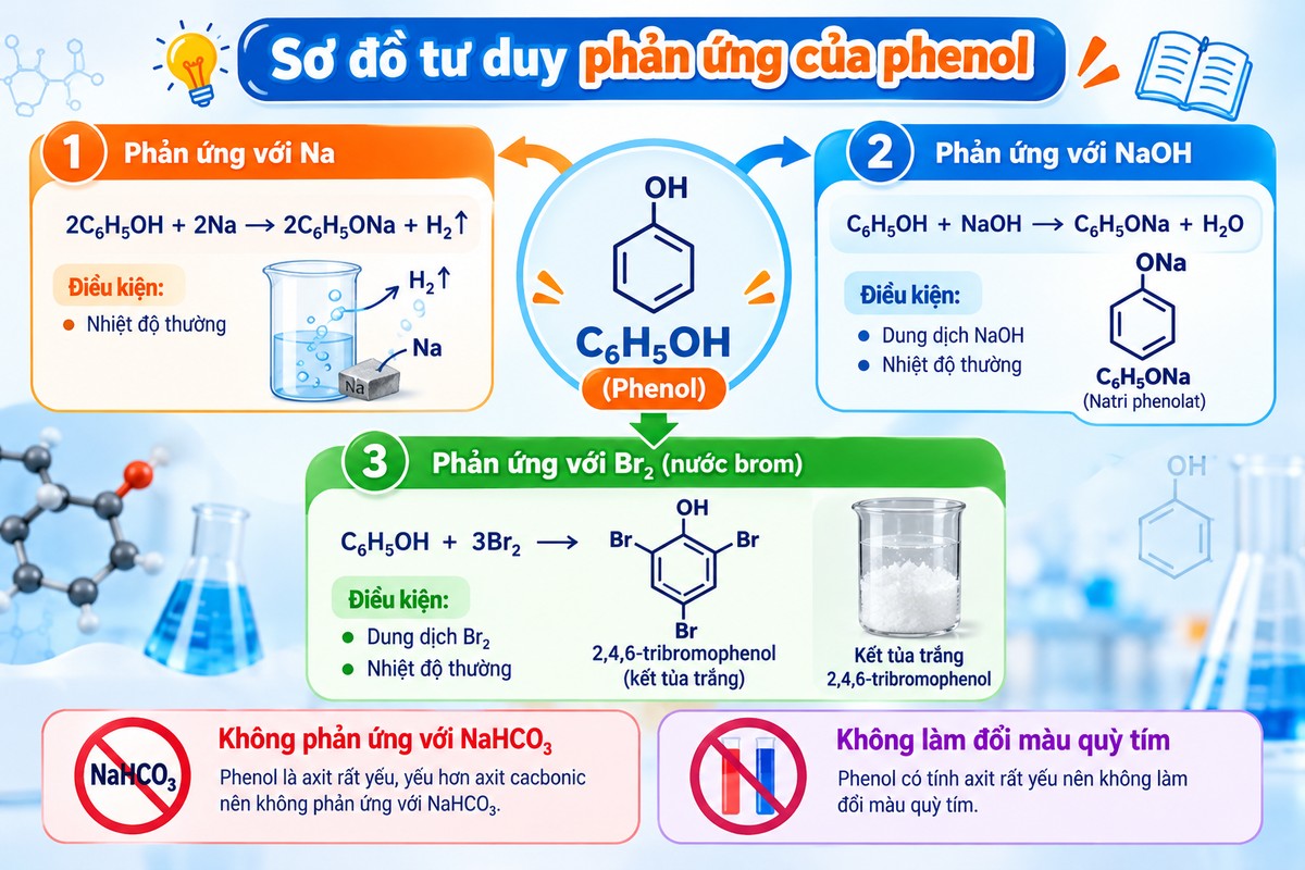 Tổng hợp ba phản ứng quan trọng của phenol với Na, NaOH và nước brom, kèm hai lưu ý nhận biết. Sơ đồ tư duy phản ứng của phenol với Na, NaOH và Br₂