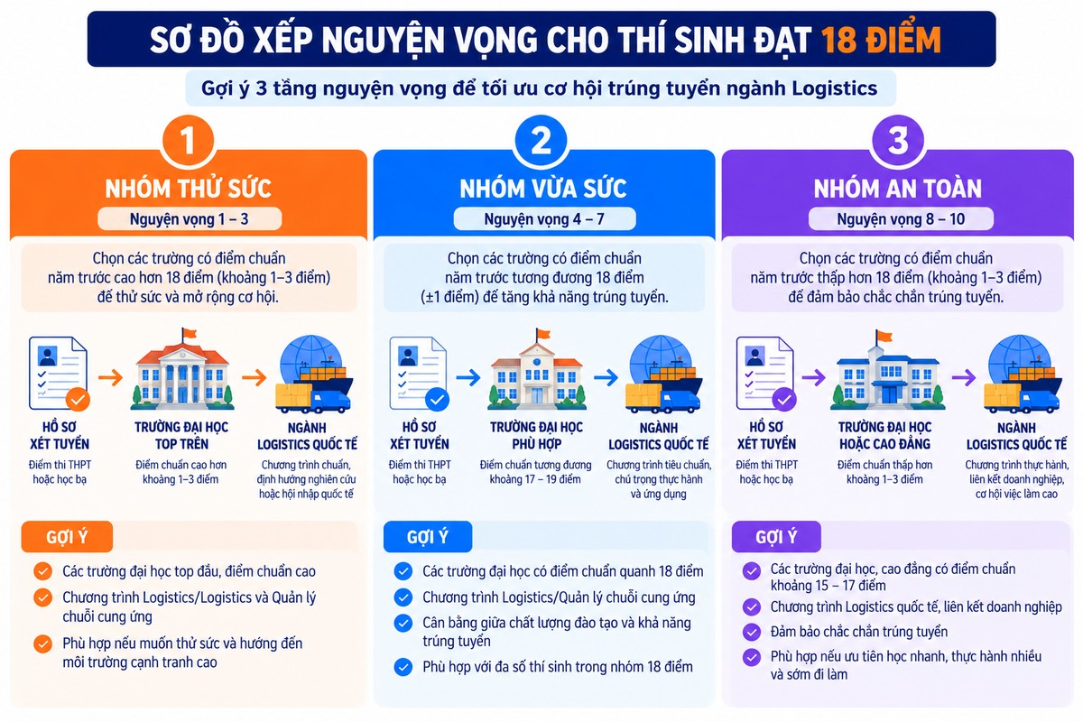 Sơ đồ xếp nguyện vọng cho thí sinh đạt 18 điểm gồm nhóm thử sức, nhóm vừa sức và nhóm an toàn ngành Logistics gợi ý cách chia nguyện vọng thành 3 tầng thử sức, vừa sức và an toàn cho thí sinh đạt khoảng 18 điểm.