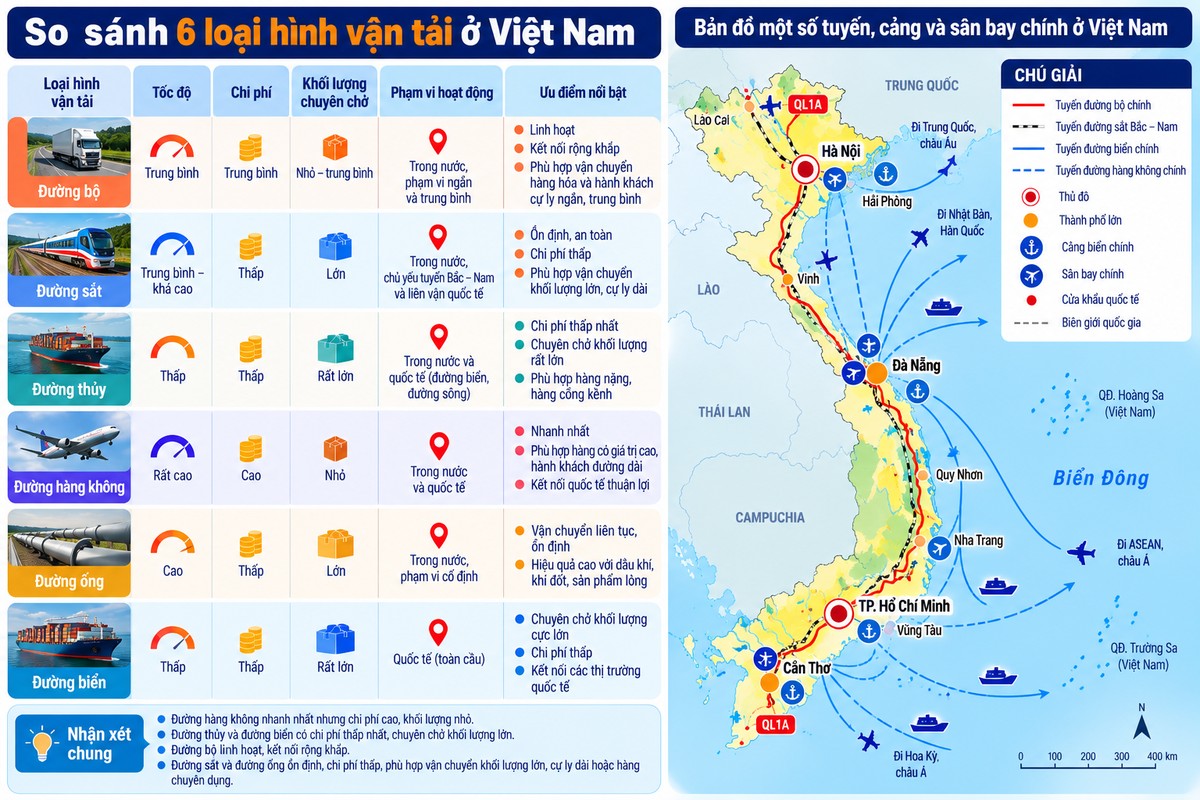 so sánh 6 loại hình vận tải Việt Nam và bản đồ các tuyến, cảng, sân bay chính so sánh đường bộ, đường sắt, đường thủy, đường biển, hàng không và đường ống theo tốc độ, chi phí, khối lượng chuyên chở và phạm vi hoạt động.