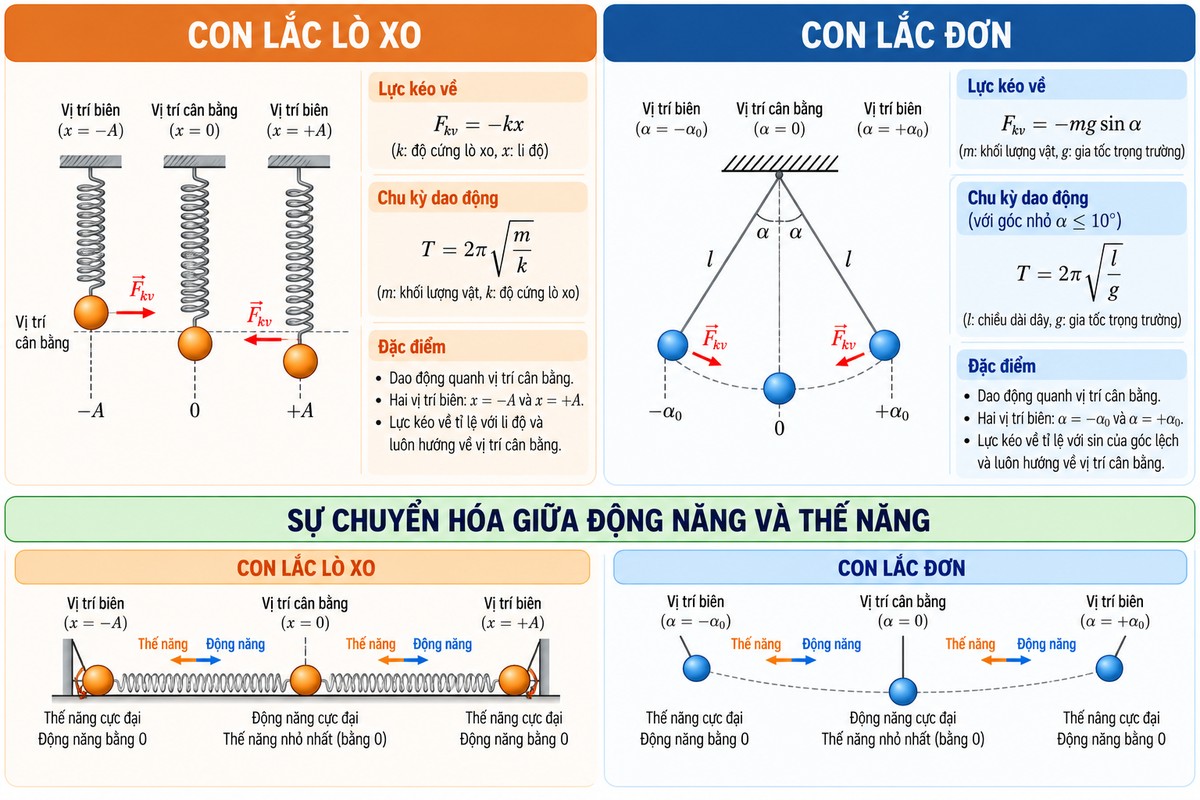 so sánh con lắc lò xo và con lắc đơn về vị trí cân bằng, vị trí biên, lực kéo về, chu kỳ và chuyển hóa năng lượng tổng hợp điểm giống và khác nhau giữa con lắc lò xo và con lắc đơn, kèm công thức chu kỳ và sự chuyển hóa động năng – thế năng.