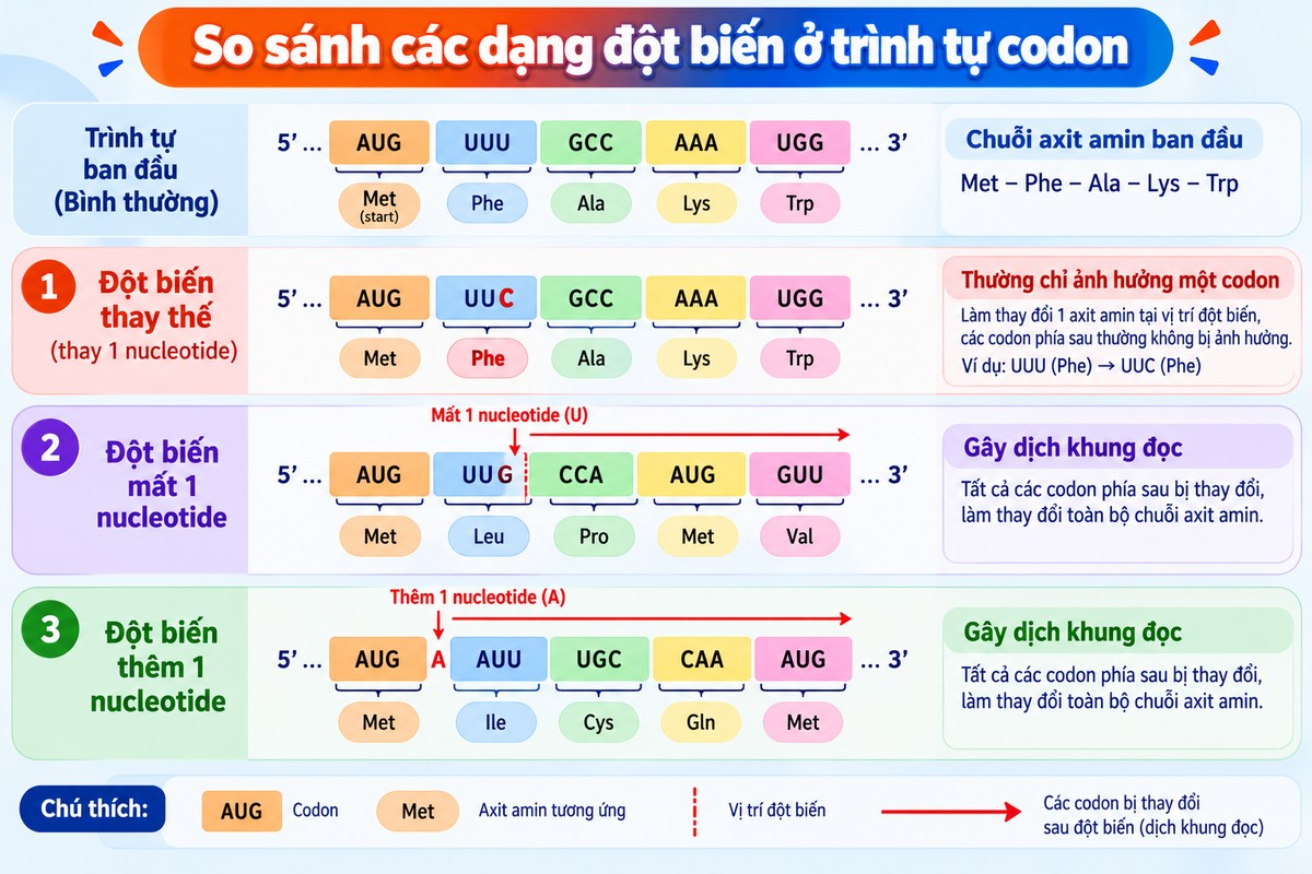 Sơ đồ so sánh đột biến thay thế, mất và thêm nucleotide trên trình tự codon minh họa ảnh hưởng của ba dạng đột biến điểm lên trình tự codon và khung đọc.
