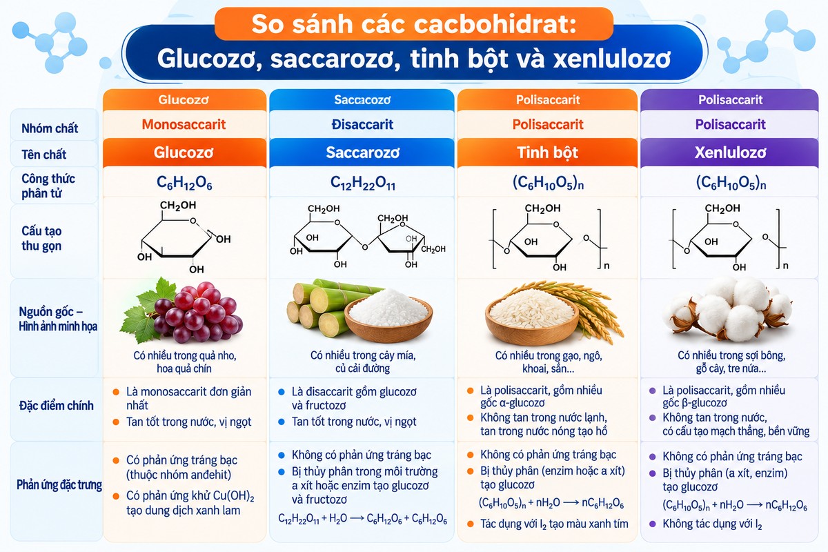 So sánh glucozơ, saccarozơ, tinh bột và xenlulozơ theo nhóm monosaccarit, đisaccarit và polisaccarit Tổng hợp đặc điểm, nhóm chất và phản ứng đặc trưng của glucozơ, saccarozơ, tinh bột và xenlulozơ.