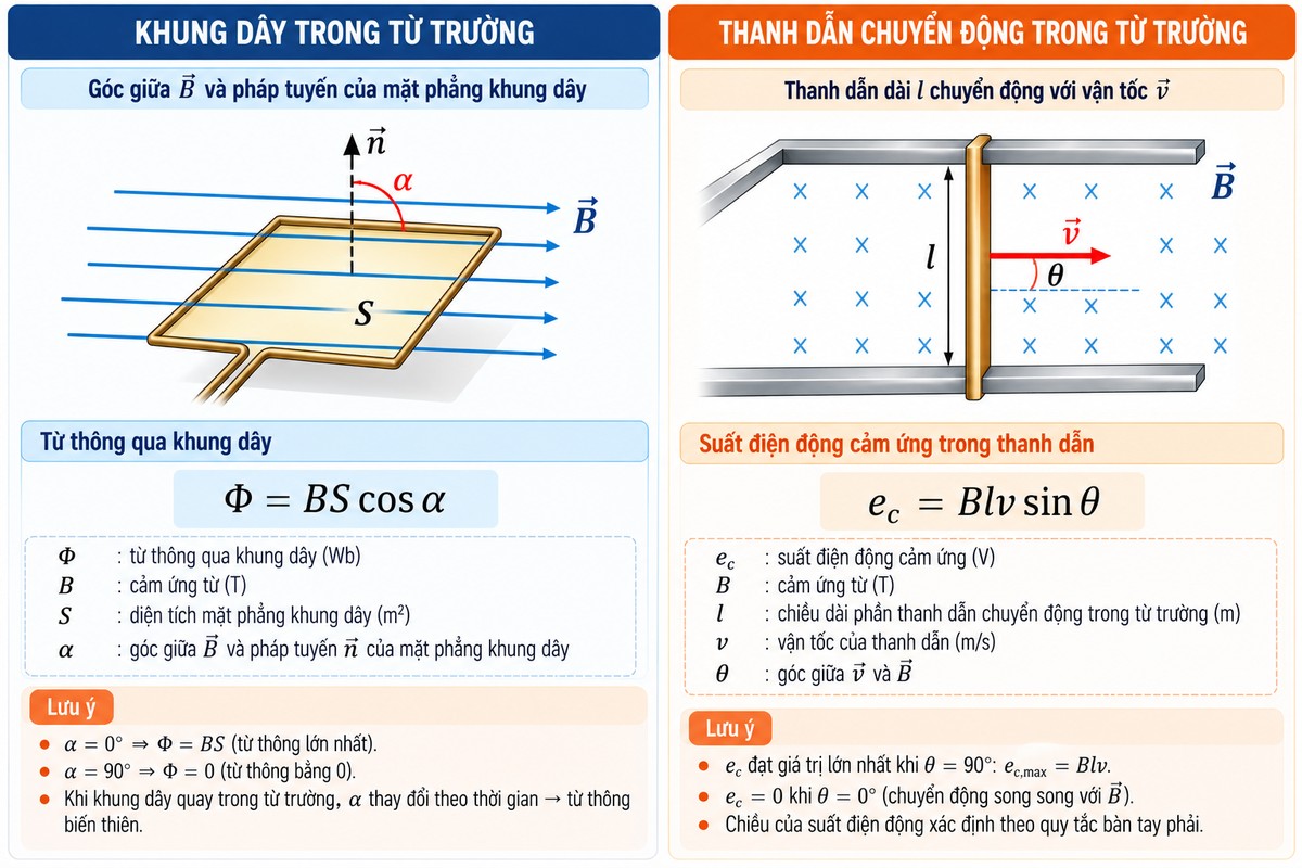 từ thông qua khung dây và suất điện động cảm ứng của thanh dẫn chuyển động trong từ trường minh họa khung dây trong từ trường và thanh dẫn chuyển động, kèm công thức từ thông và suất điện động cảm ứng.
