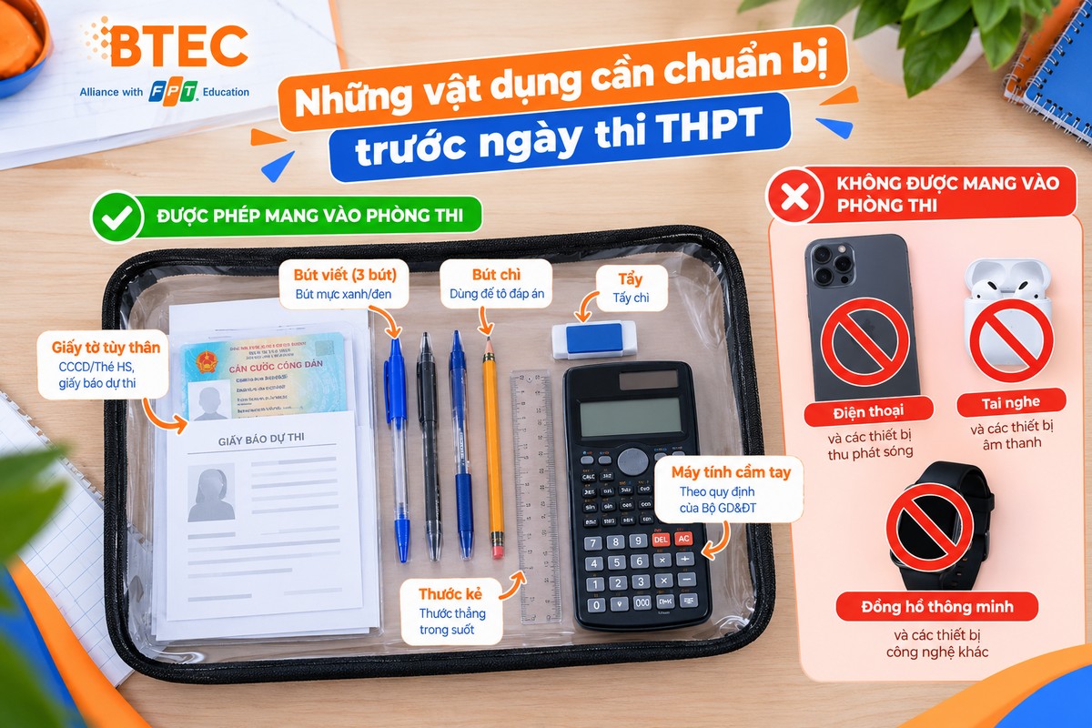 Túi thi THPT gồm giấy tờ, ba bút, bút chì, tẩy, thước và máy tính cầm tay; điện thoại, tai nghe và đồng hồ thông minh không được phép mang vào phòng thi các vật dụng cần chuẩn bị cho kỳ thi THPT và nhóm thiết bị không được phép mang vào phòng thi.