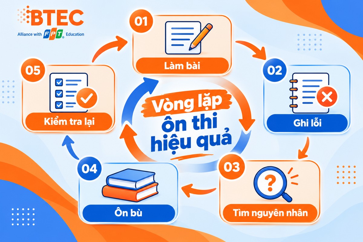 Sơ đồ vòng tròn ôn thi gồm làm đề chẩn đoán, phân loại lỗi, ôn chuyên đề yếu, làm bài kiểm tra ngắn và luyện đề mới